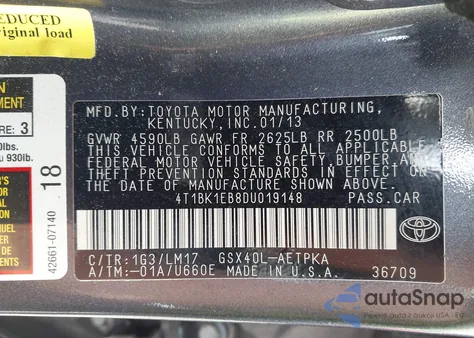 2013 Toyota Avalon Limited z USA, uszkodzony, nr VIN 4T1BK1EB8DU019148